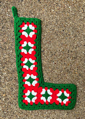 Vtg Handmade Granny Square Crochet Christmas Stockings ''L'' Shape Red Green White