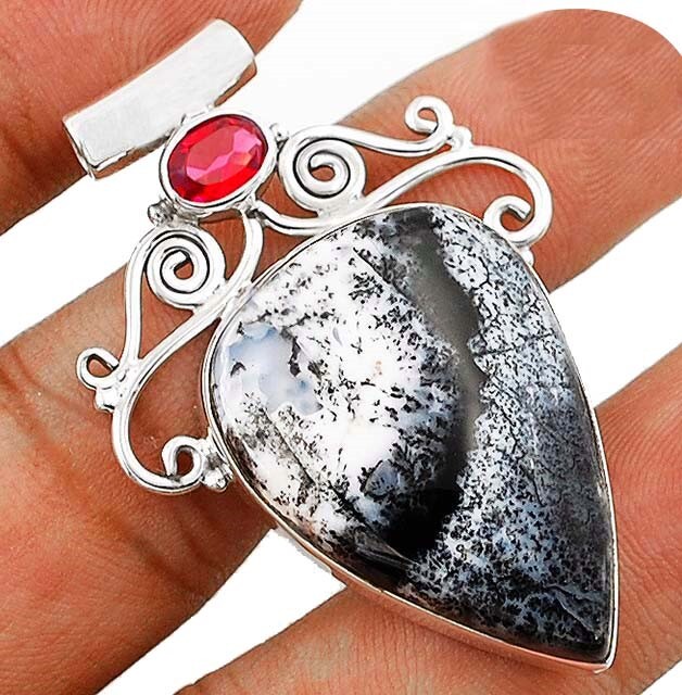 Natural Winter Dendrite Opal & Tourmaline 925 Sterling Silver Pendant @B19-4