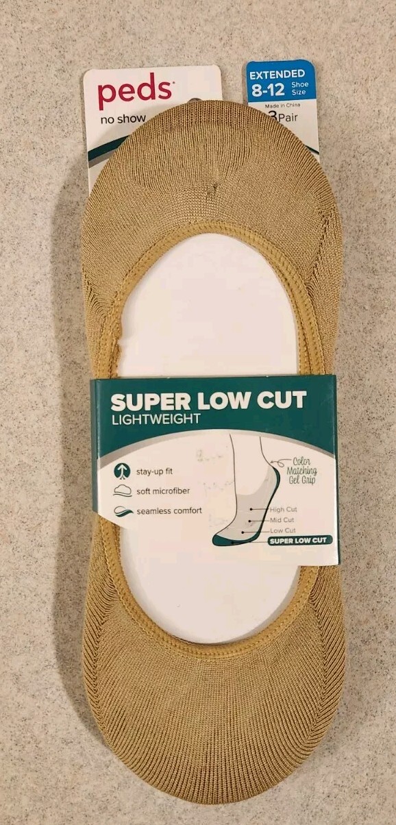 PEDS No Show Socks 3-Pack Super Low Cut Lightweight Extended Size 8-12 Beige-image