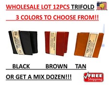 WHOLESALE LOT 12 MENS LEATHER WALLETS TRI-FOLD colors Black, Brown, Tan or Mix