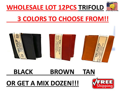 WHOLESALE LOT 12 MENS LEATHER WALLETS TRI-FOLD colors Black, Brown, Tan or Mix