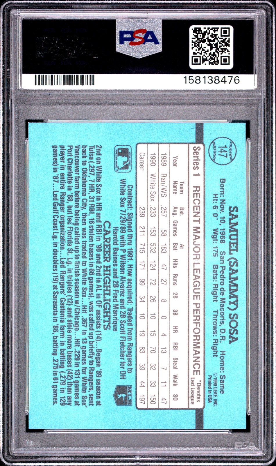 1991 DONRUSS #147 SAMMY SOSA PSA 9 view 2