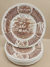 Alfred Meakin FAIR WINDS FRIENDSHIP OF SALEM 10.5" Brown Transferware 6 Plates