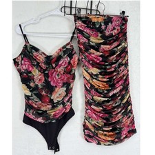 Express 2 Pc Set Floral Romantic Mesh Rushed Bodysuit n Midi Skirt Dress Sz S/M