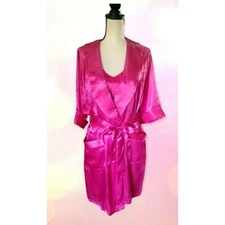 Go Softly Dark Pink Satin Peignoir Set Knee Length Nightgown & Robe Sz M
