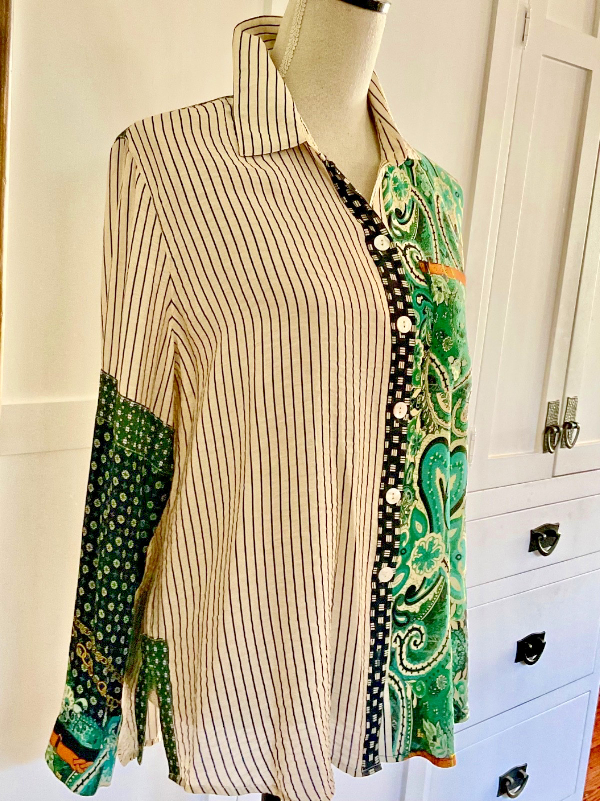 John Mark Multi Patch Pinstriped Blouse Boho Wome… - image 1