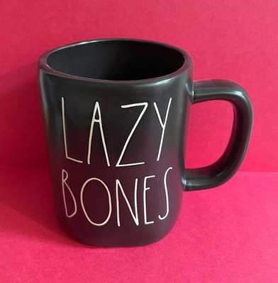 Rae Dunn ''Lazy Bones'' Black Ceramic Coffee Mug Halloween Autumn Birthday - New