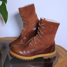 Timberland Waterproof Teddy Fleece Fold Down Leather Dark Brown Boots Size UK 5
