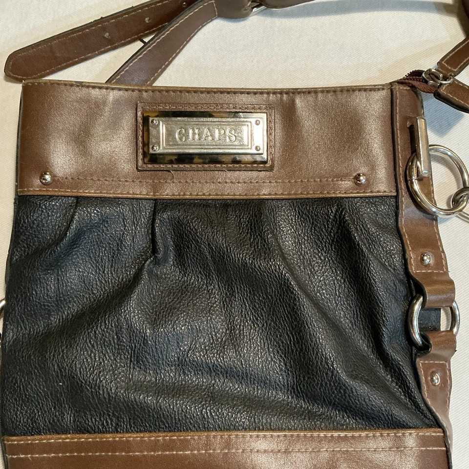 Bolso Bandolera Chaps Negro Marrón Imitación Cuero Bolso de Hombro Detalle de Cadena 9x10 Foto 2 de 4