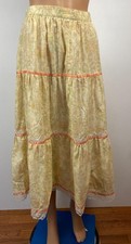 VTG 60s 70s Long Skirt Hippy Cottage Core Prairie Yellow Floral Lace Size S M 28