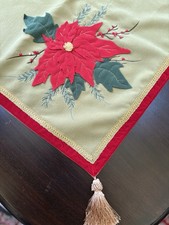 Christmas Holiday Olive Green Poinsettia Tablecloth 54" Square 3 Stockings