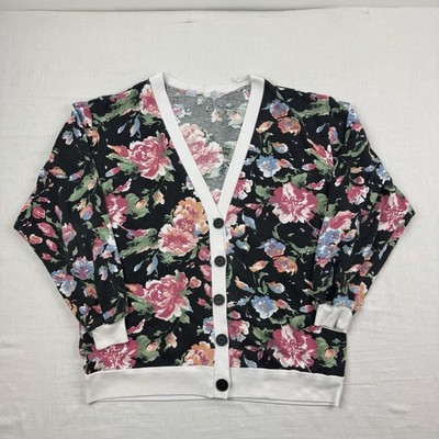 Vintage Floral Cardigan Womens Large Button Up V Neck Flowers 80s 90s Nature 