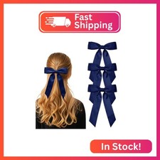 3Pcs Dark Blue Hair Bows for Women Double-Layer Long Tail Bow Hair Clip Hair Rib