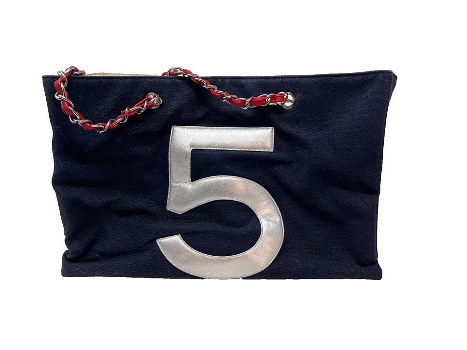CHANEL Coco Cocoon XXL Large Navy Canvas Tote Bag with Silver Quilted Panel and - Image 3 of 4