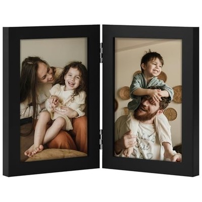 Double Picture Frame Vertical, Engineered Wood Bifold Photo Frame 4x6 Black