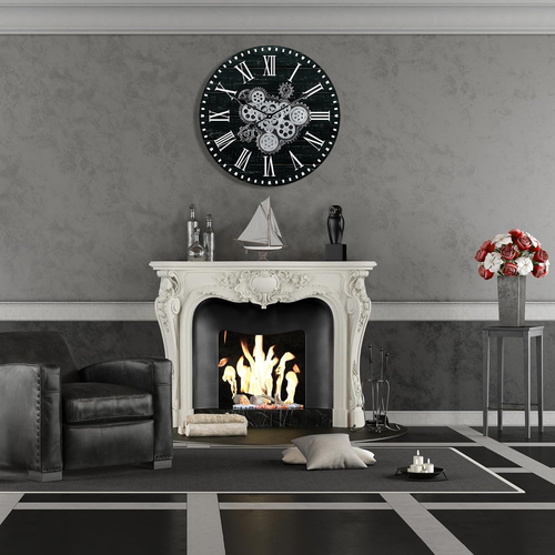 23 Inch Wooden Large Wall Clock with Moving Gears, Roman Numeral, Black, Unisex - Picture 4 of 9