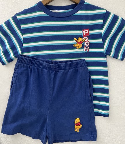 Vintage 90s Winnie The Pooh Striped Set Shirt Shorts Boys Size 6 Disney Store