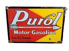 VINTAGE PURE OIL PORCELAIN SIGN OLD PUROL MOTOR LUBE GASOLINE CITIES GAS CO 12"