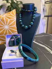 Amazing Stone Malachite Jewelry Set: Necklace Pendant Bracelet & 925 silver Ring