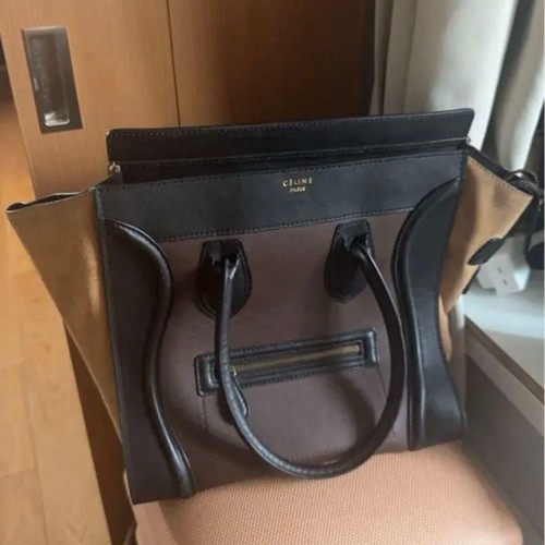 CELINE Luggage Tote Handbag Tricolor Black Brown Beige Leather Suede Pre-Owned