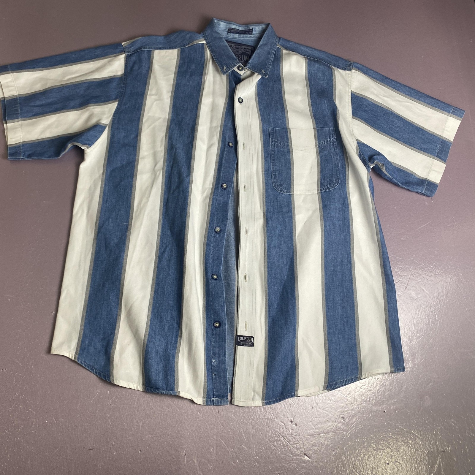 Coliseum Shirt Mens XL Blue White Stripe Denim Button Front Short Sleeve Casual