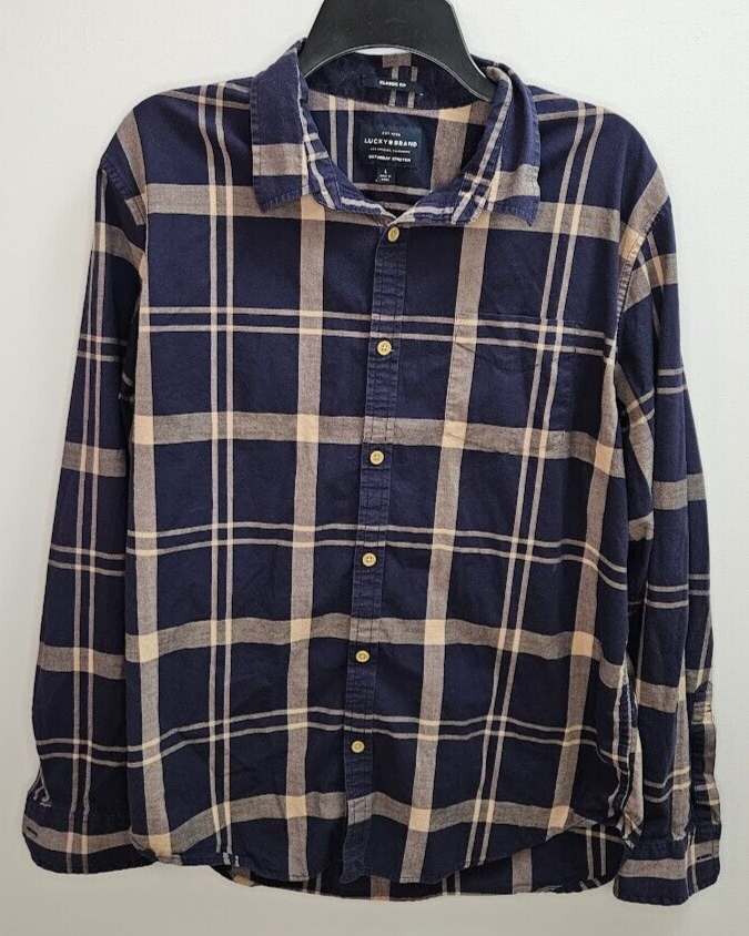 Lucky Brand Men Button Up Shirt Large Blue Plaid Cotton Flannel Saturday Stretch