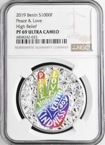 2019 Peace & Love Benin Cannabis 1 oz Silver Coin NGC PF69 UCAM Mintage 999!