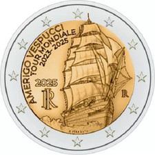2 EURO ITALIA 2025 TOUR MONDIALE DELLA NAVE SCUOLA AMERIGO VESPUCCI FDC UNC
