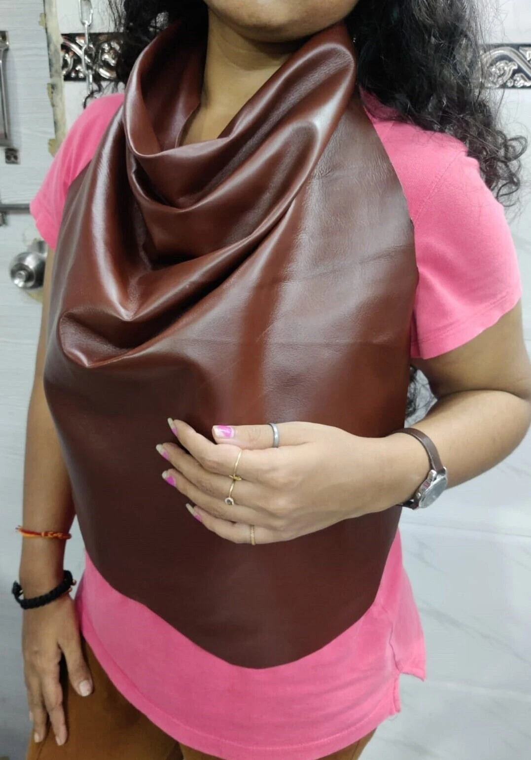 Women's Lambskin Leather Brown Shawl Scarf, Make Your Outfit Stylish FASHIONABLE