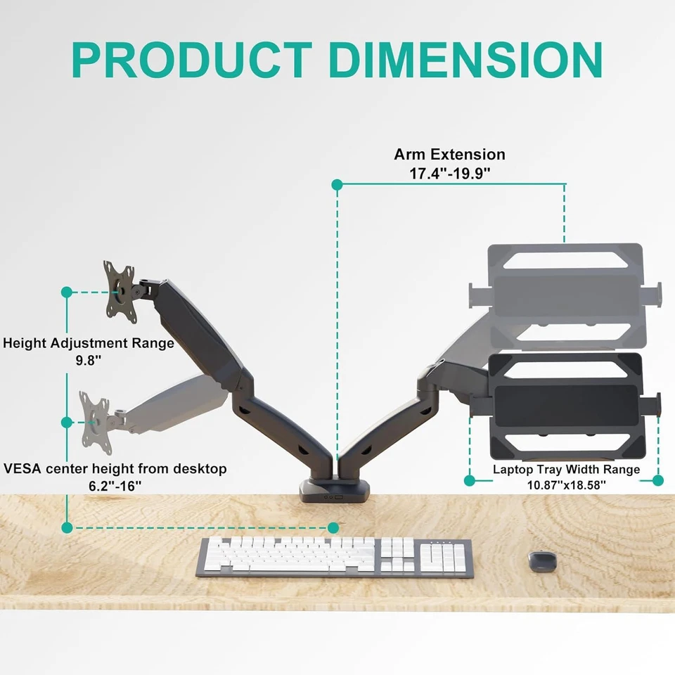 Monitor Mount with Laptop Tray, 11.6 to 32 inch Adjustable Gas Spring Arms Mount - Image 3 of 4