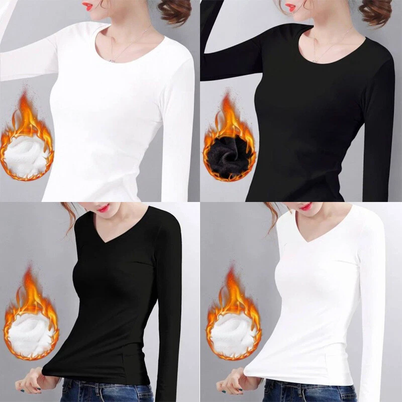 Women Long Sleeve Crew Neck Thermal Tops Ladies V-Neck Stretch Winter Warm  Shirt