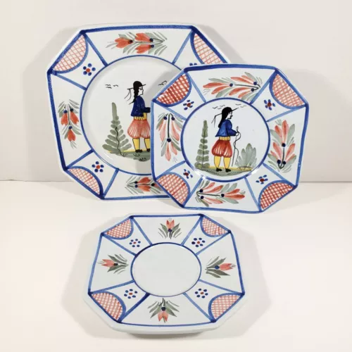 Vintage HB HENRIOT QUIMPER Soleil MAN - 3 Piece Plate Set- Excellent Condition 