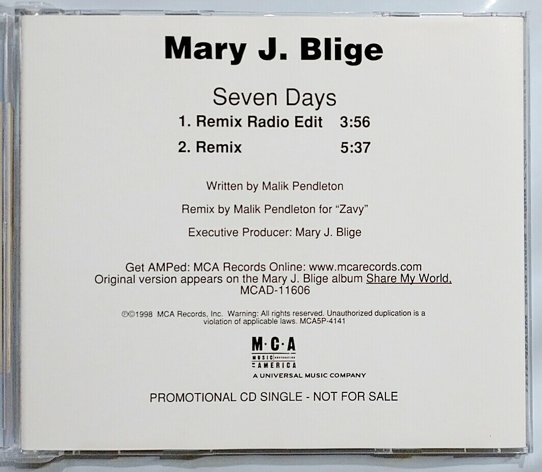CD) Mary J. Blige – Seven Days (Remix) , MCA5P-4141, Promo, NM