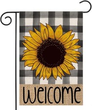 Welcome Sunflower Summer Garden Flag Double Sided Buffalo Plaid 12x18 Inch