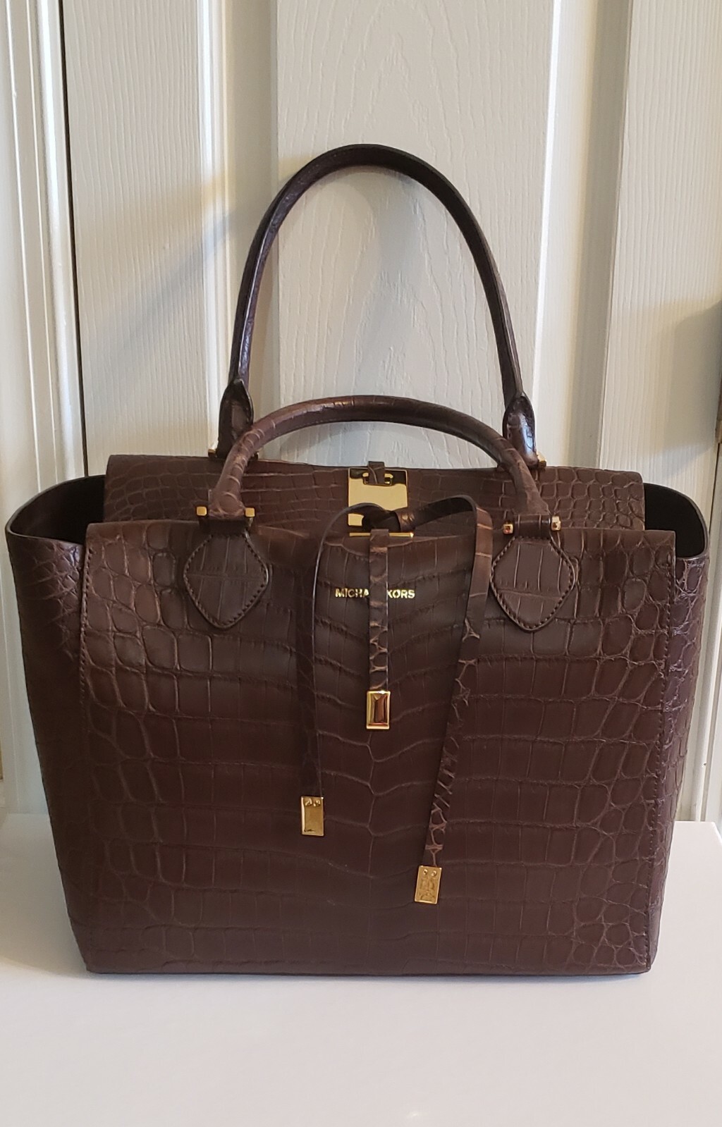 $8000 Michael Kors Collection Miranda Crocodile Tote Bag, Chocolate -