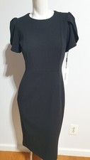 NEW CALVIN KELIN PLEATED PUFF TULIP SHORT SLEEVE BLACK SHEATH DRESS SIZE 4