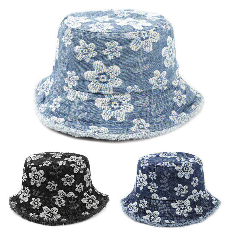 Vintage Embroidery Flower Bucket Hats for Women Denim Travel  display picture 1