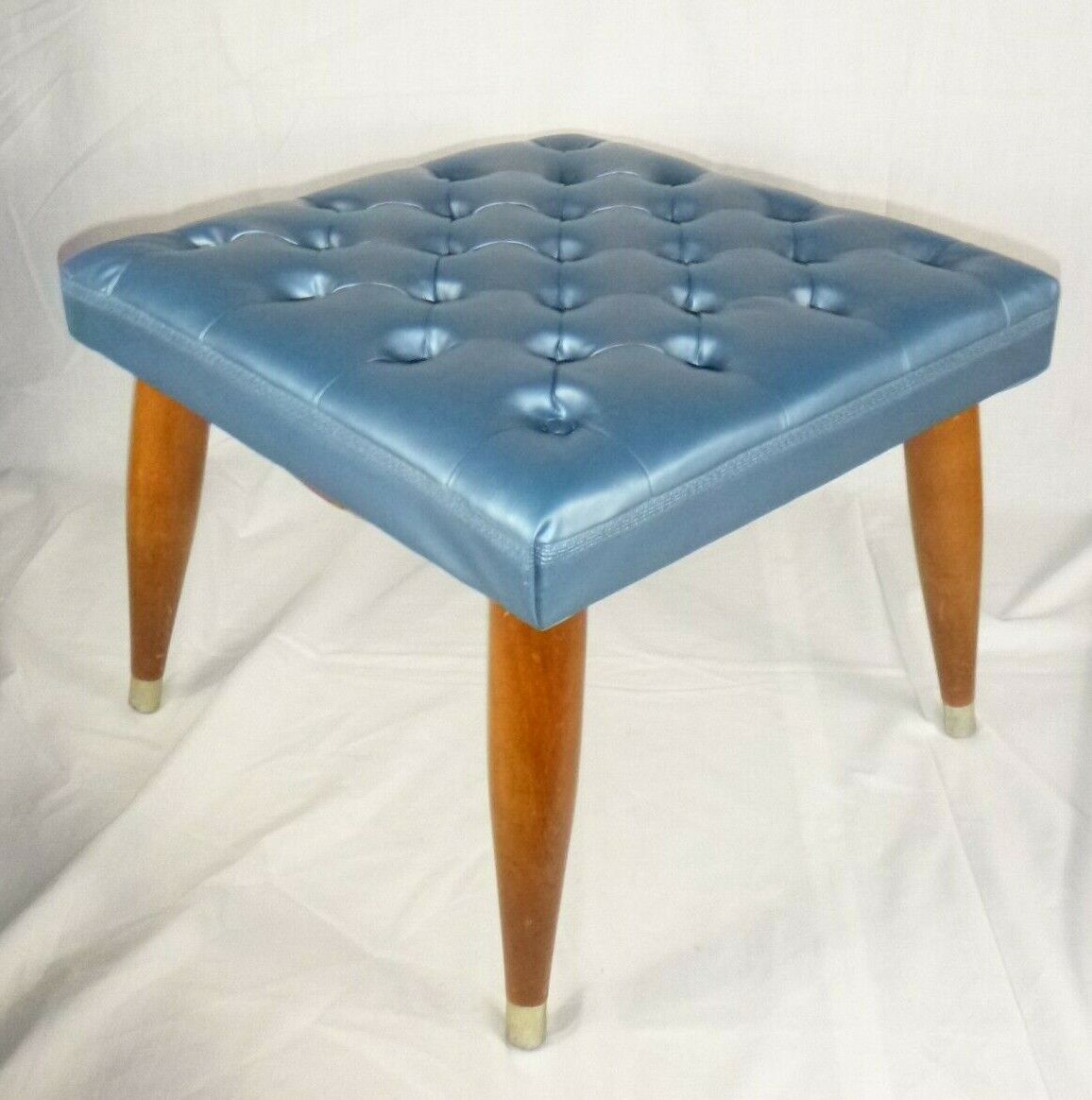 Vtg Mid Century Modern Ottoman Footstool Steel Blue Vinyl Tapered Legs 16x16