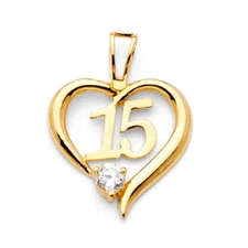 14K Yellow Gold Fancy 15 Anos Heart Quinceanera Charm Pendant Dije de Oro