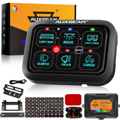 AUXBEAM 6 Gang Switch Panel Kit Led Auxiliary Relay System Marine RGB Back Light