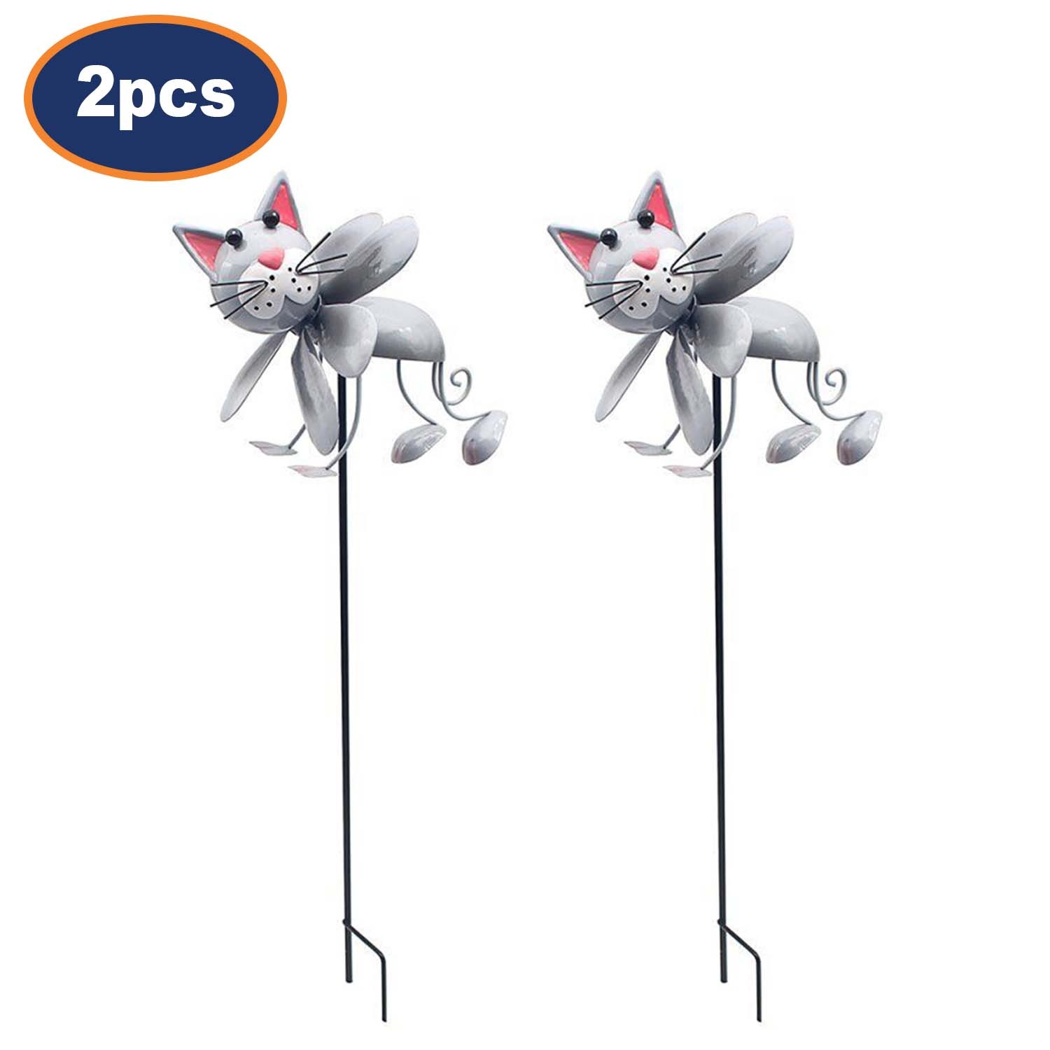 Decorative Metal Stakes 2pc Set Grey Cat Garden Patio Yawn Lawn Ornaments Statue