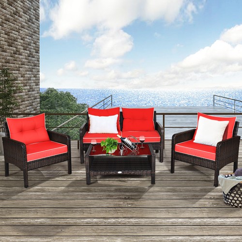4PCS Patio Rattan Furniture Set Loveseat Sofa Coffee Table Garden W/Red Cushion - Picture 3 of 8