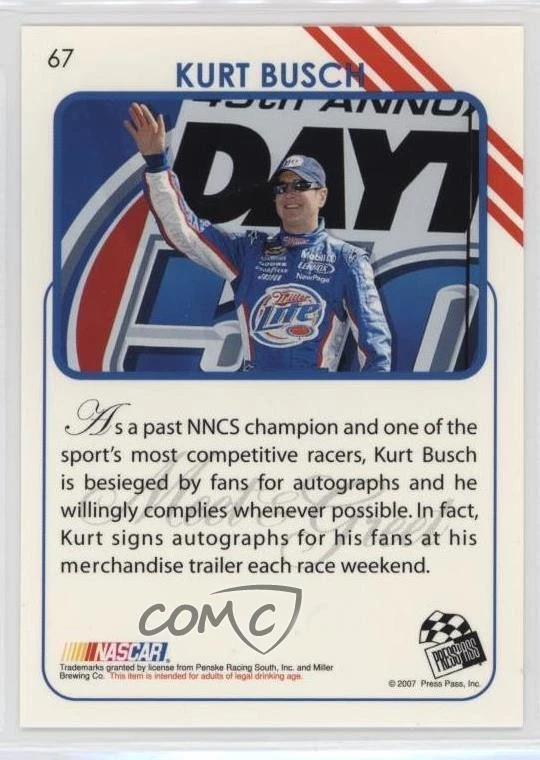 2007 Press Pass Traks Meet & Greet Kurt Busch #67 - Image 2 of 2