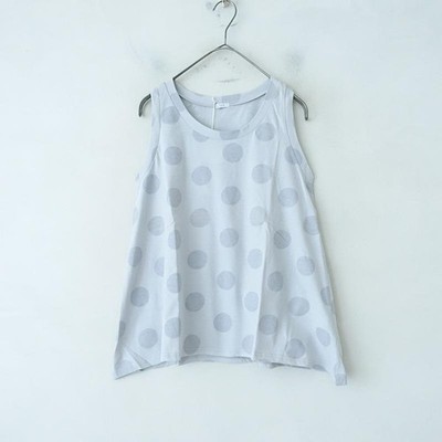 ICHI Dot Print A-line Tank Top Light Gray Cotton Jersey Flare Women s Top
