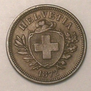 1872 Switzerland Swiss One 1 Rappen Cross on Shield Coin VF