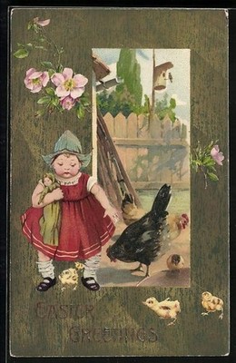 Künstler-AK Kleines Mädchen mit Osterküken und Hennen, Easter Greetings 1910 