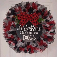 Decorative 24" Red Black White Grey Hope You Like Dogs With Bow Wreath Handmade