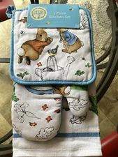EASTER 3 Pc Beatrix Potter PETER RABBIT Kitchen Towel & Oven Mitt Potholder Set 