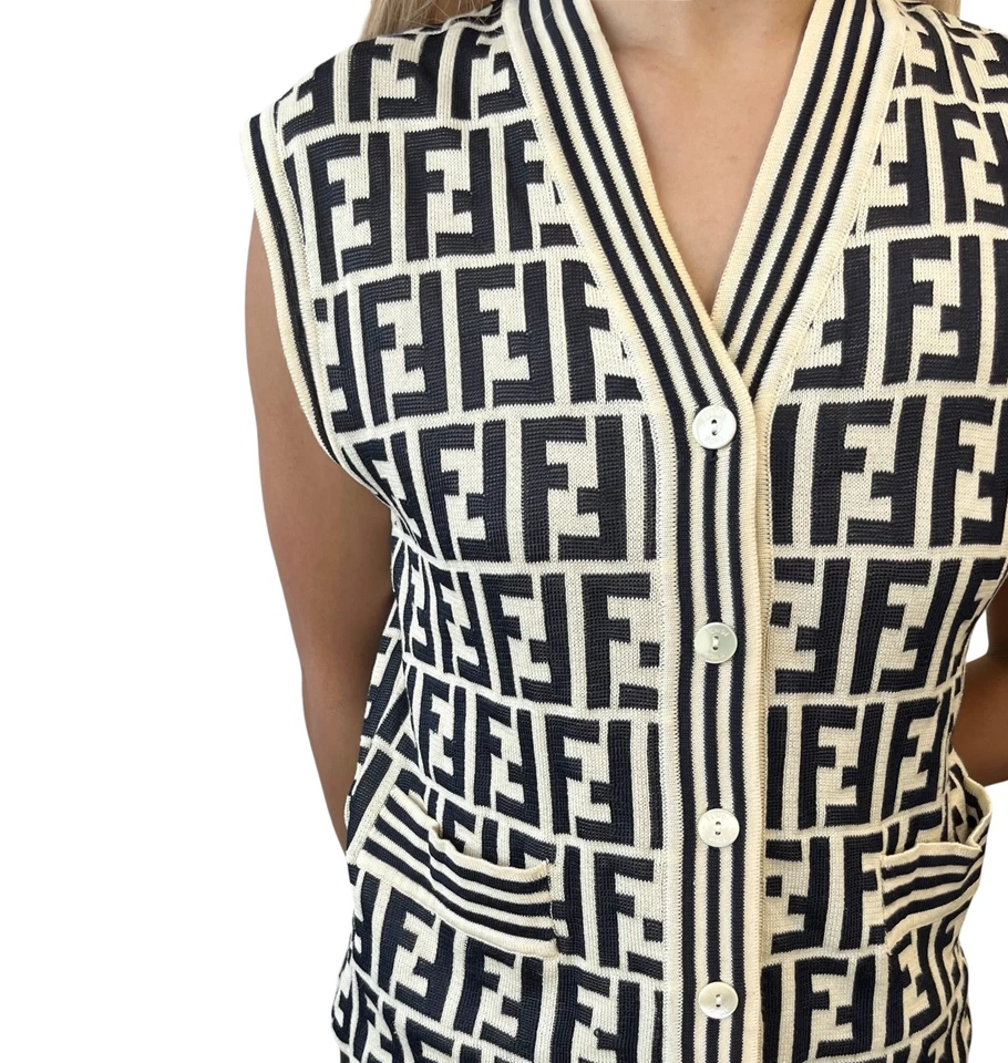 FENDI Vintage Zucca Monograma Tejido Chaleco Cárdigan Suéter #38 Crema Negro Algodón Foto 2 de 4