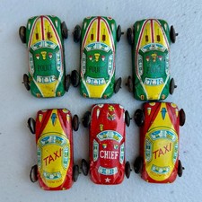 Vintage Tin Litho 1940s - 1950s 6 Mini Cars Japan Yellow Taxi, Police Rare Lot